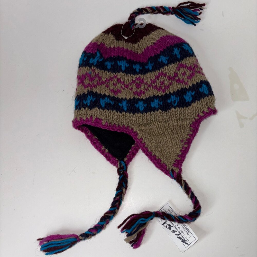 Made in Nepal Wool Knit Hat Colorful Fleece-Lined Ear Flap Beanie Winter Pattern